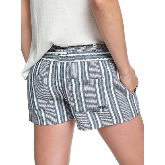 Roxy Oceanside Linen Blend Shorts Size 10 Dress Blues Cherokee Stripe Drawstring - Picture 2 of 11
